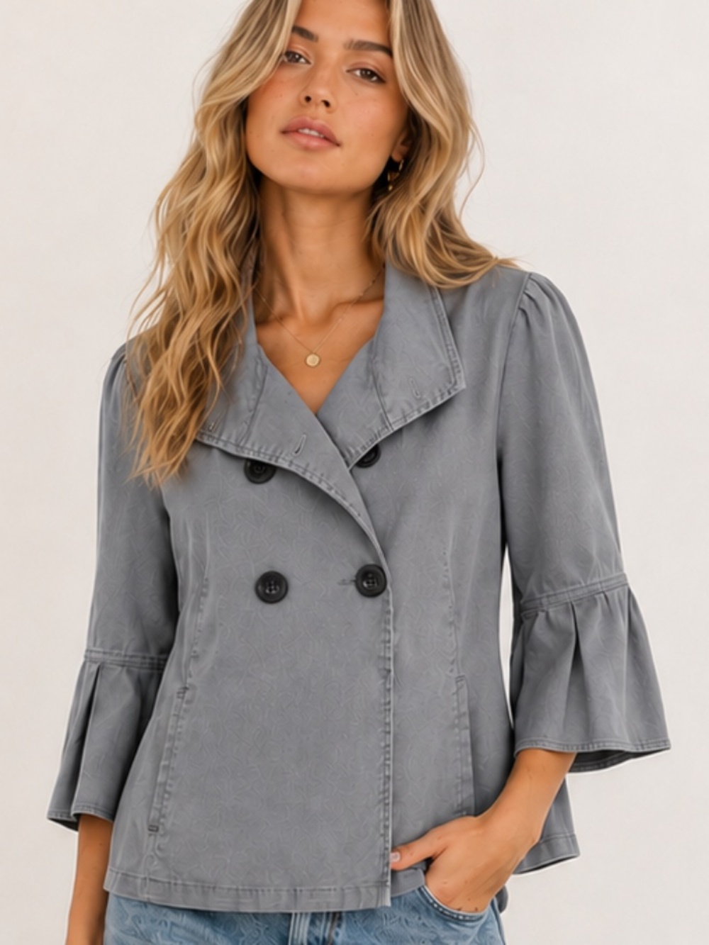 OLD NAVY Double Breasted Flared Sleeves Grey Green Utility Peacoat Jacket Sz M